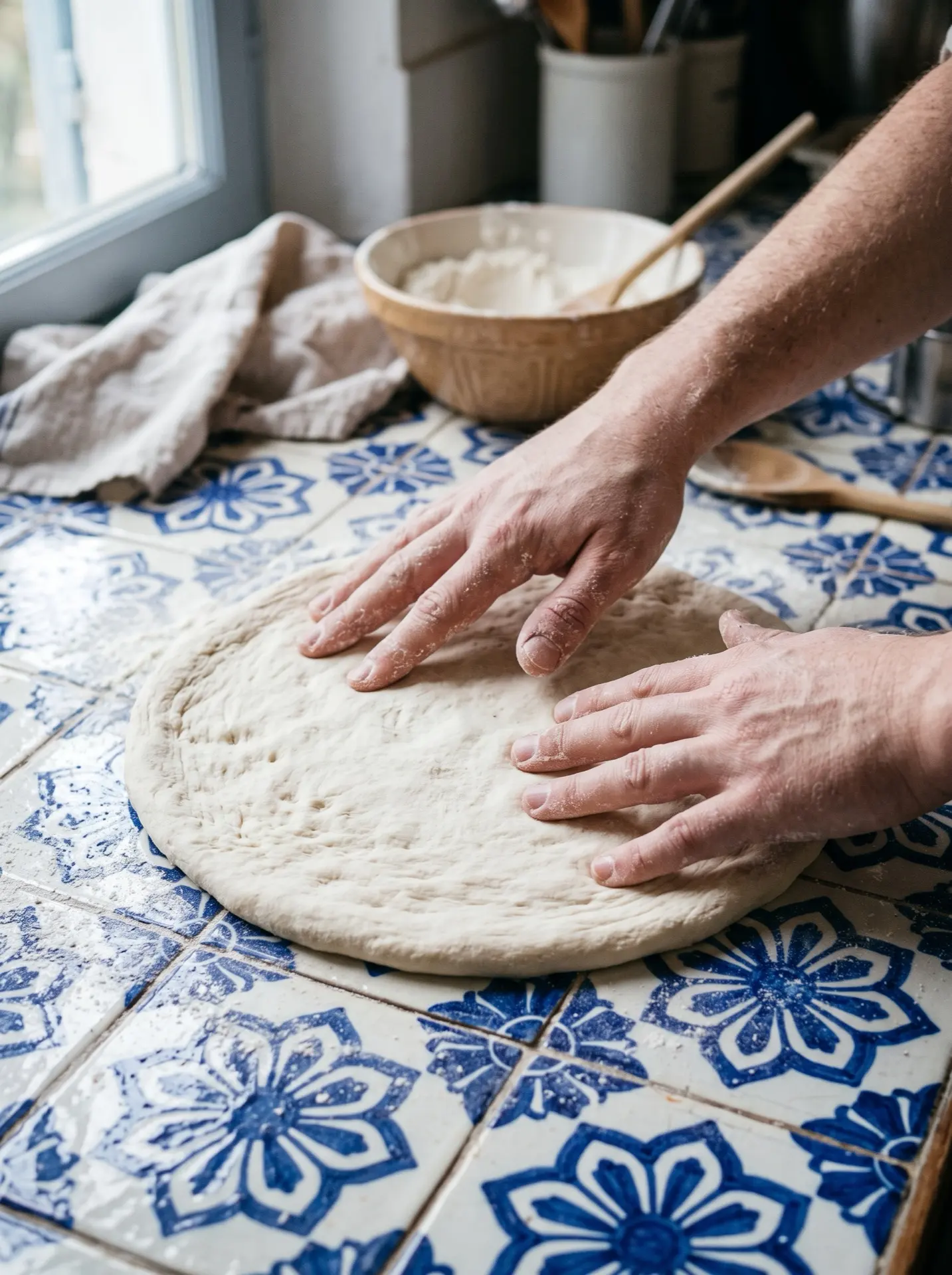Estirando la masa sobre el mostrador de azulejo