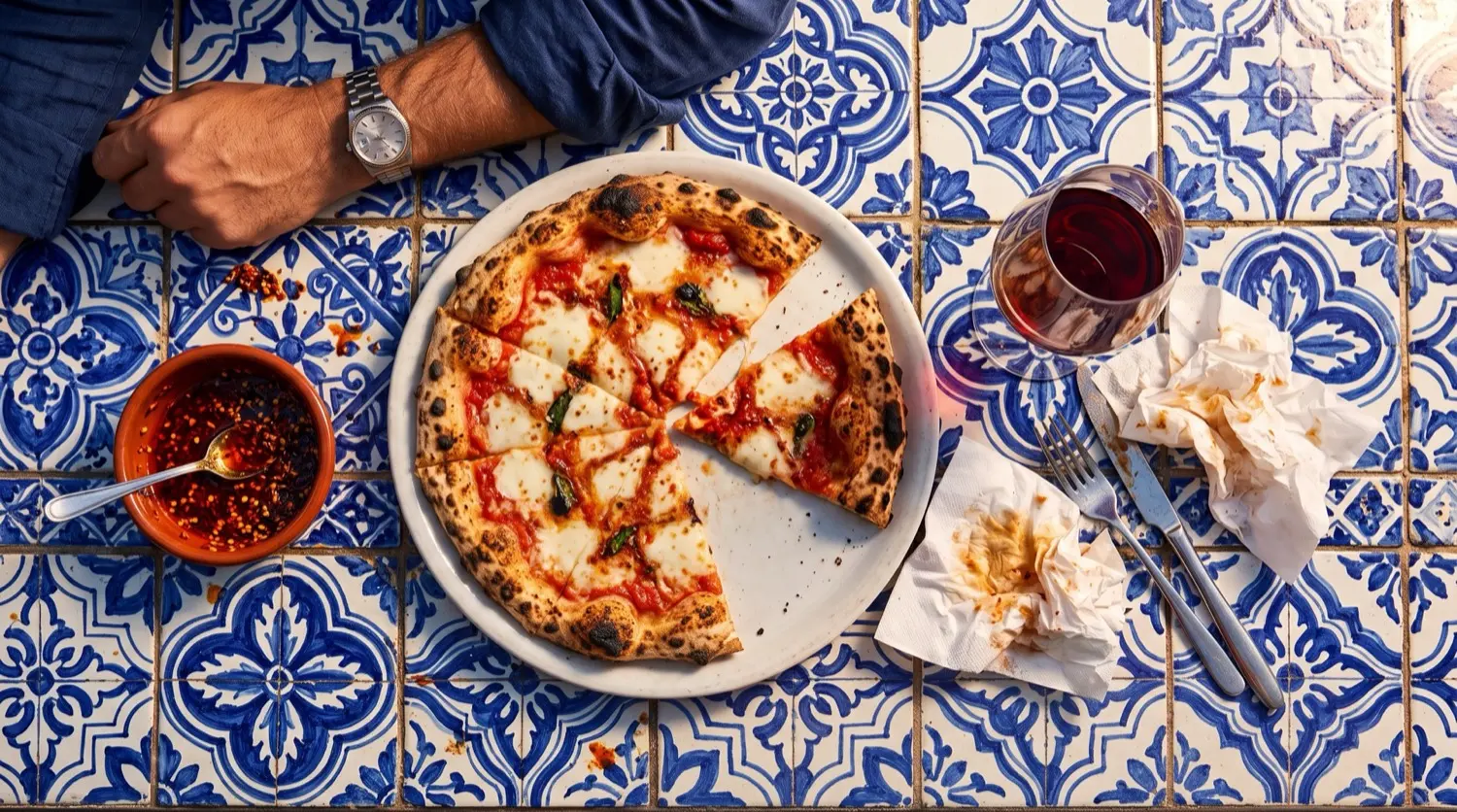Una pizza compartida sobre la mesa de azulejo